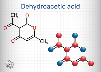 Poster - Dehydroacetic acid molecule. It is ketone, fungicide, antibacterial agent, plasticizer, E265. Structural chemical formula and molecule model. Sheet of paper in a cage