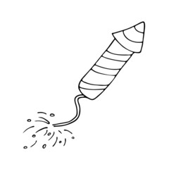 Vector isolated element with the image of a firecracker with exploding elements. Doodle cracker for holiday messages, greetings, Internet, advertising.