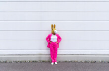 Woman Wearing Vibrant Pink Suit And Donkey Mask Standing In Front Of White Wall