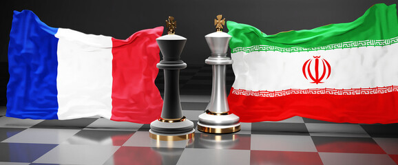 France Iran summit, fight or a stand off between those two countries that aims at solving political issues, symbolized by a chess game with national flags, 3d illustration