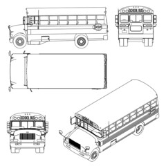 Set with the contours of the school bus from black lines Isolated on white background. Side view, top, front, back, isometric. Vector illustration