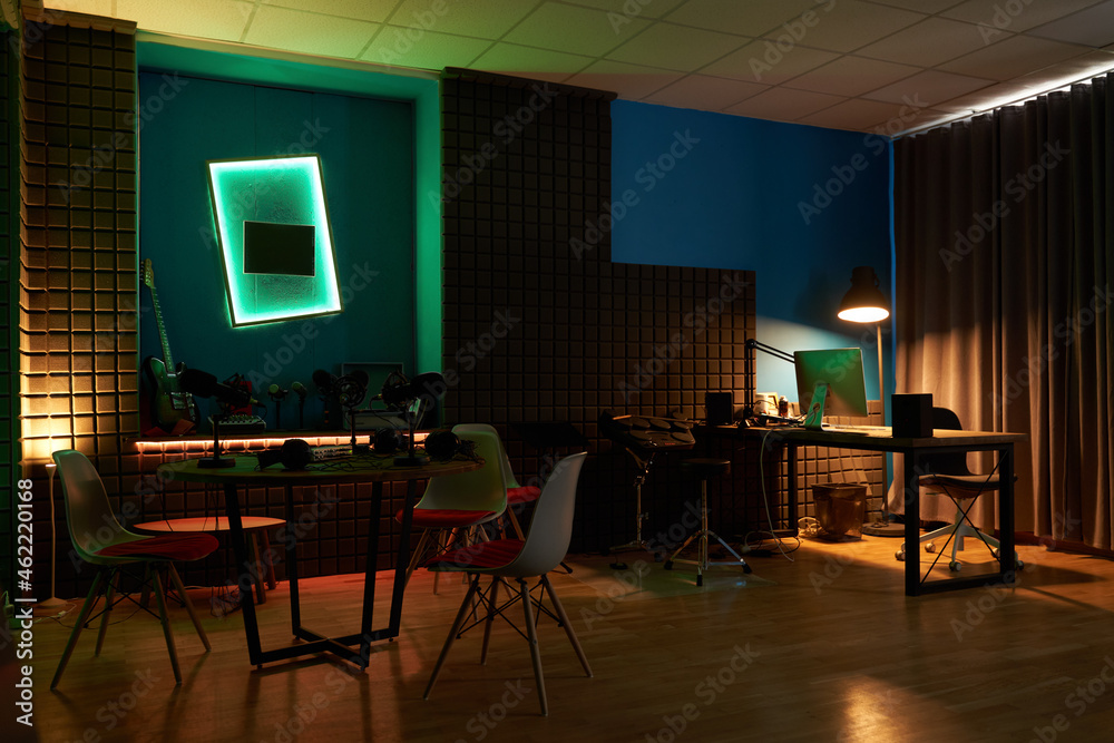 Neon Podcast Roo Interior of podcast studio with neon illumination Stock Photo | Adobe Stock