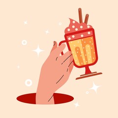 Gender neutral hand holds a mug of hot cocoa. Concept design for a cafe or non alcoholic toast. Sweet cocktail with froth and cinnamon sticks in hand close up. Vector illustration on isolated color