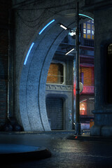 Aufkleber - Portrait format 3D rendering of a dark moody street corner scene in a downtown cyberpunk future city at night.