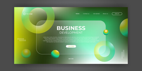 Creative landing page website web design business project development. 3D colorful abstract geometric banner layout mock up. Corporate landing page block vector illustration template.