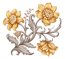 Flower Vintage Baroque Scroll Victorian Frame Border Floral Ornament Leaf Engraved Retro Pattern Rose Peony Decorative Design Tattoo Yellow Gold Filigree Calligraphic Vector