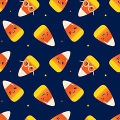Wall Mural - Cute happy and smiling candy corn, halloween sweets characters cartoon style vector seamless pattern background.
