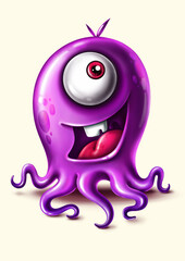 Wall Mural - 
Funny cartoon smiling purple monster with tentacles
