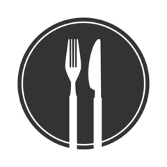 Sticker - stylized plate with fork and knife, vector illustration