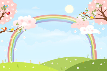 Wall Mural - Cute cartoon Spring landscape with copy space, Vector summer green field with rainbow colour,blue sky and pink cloud,Spring or Summer background, Banner template for Easter greeting card