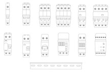Vector Set Of Switchboard Elements For Fuse Control Box - Safety Circuit Breaker, Relay, Residual Current Circuit Breaker