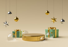 Golden Cylinder With Glass Spheres And Christmas Ornaments