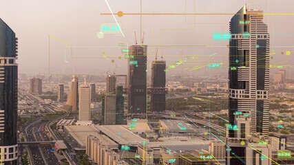 Poster - Smart City Aerial Drone Footage Hologram Information Arches Forming During Network Communication Futuristic Network and Technology 5G Drone Low Light 4k. Video loop, time lapse