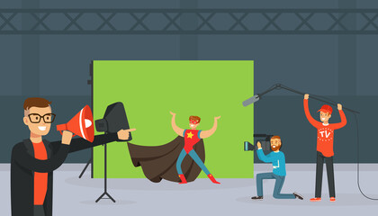 Wall Mural - Man in Superhero Costume Against Green Backdrop at Studio with Cameraman Filming at Show Programme on Television Vector Illustration