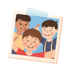 Sticker - Happy Little Boy on Photo Card or Snapshot Sticking on the Wall Vector Illustration. Excited Kid with Raised Hands on Self-portrait Photograph Square Shot Concept