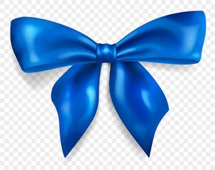 Wall Mural - Beautiful big bow made of blue ribbon with shadow, isolated on transparent background. Transparency only in vector format