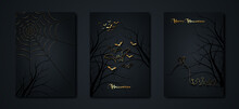 Halloween Party, Set Gold Cards Spooky Dark Background, Silhouettes Of Characters And Scary Bats With Gothic Haunted Castle, Horror Theme Concept, Scary Pumpkin And Dark Graveyard, Vector Templates