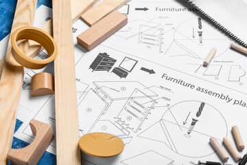 Wall Mural - Closeup view of furniture assembling plan and tools on table