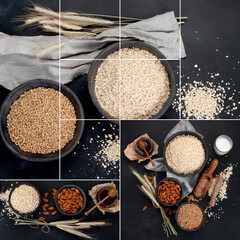 Wall Mural - Collage food of Rolled oat flakes in black bowls and golden wheat ears on dark background.