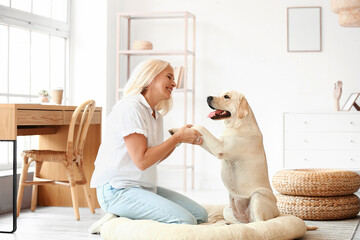 Sticker - Mature woman holding paws of cute Labrador dog at home