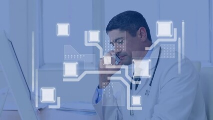 Poster - Animation of network of connections with data processing over male doctor on the phone