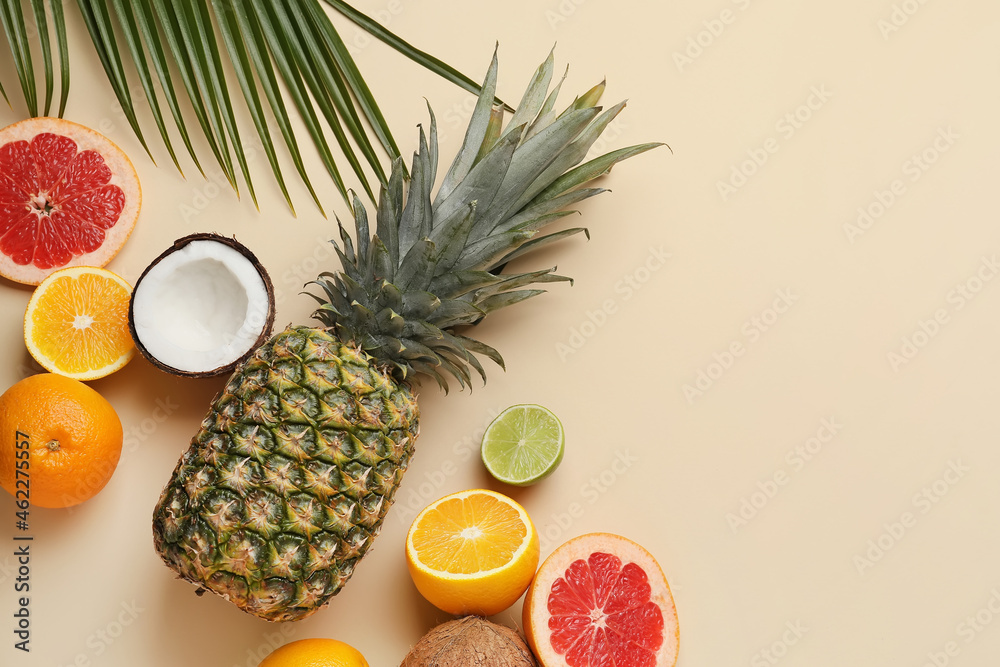 Different fruits and palm leaf on color background