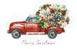 © Fefelova Yana - Christmas red truck with Poinsettia flower bouquet, pine cone, holly leaves, Buffalo Plaid bow ribbon. Farmhouse vintage car, Winter rustic truck, Watercolor Xmas truck,pickup truck