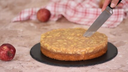 Wall Mural - Cutting a homemade organic apple pie, dessert ready to eat.