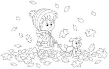 Cute Little Girl And Her Merry Pup Walking On Autumn Leaves Around A Park, Black And White Outline Vector Cartoon Illustration For A Coloring Book Page