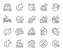 Sleep Line Icons. Sleeping Pillow, Night Bed And Insomnia Sleeplessness. Bedroom Rest Mattress, Zzz Snooze And Pillows With Feather Icons. Sleeping Mask, Alarm Clock And Human Sleep In Bed. Vector