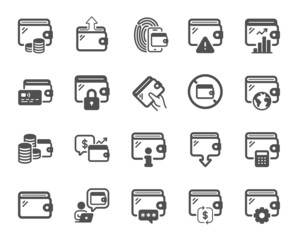 Aufkleber - Wallet icons. Money transfer, Credit card payment, Withdraw funds icons. Cash purse, Fingerprint access and onWallet. Money commerce, Deposit transfer and Calculate cash budget. Vector