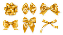 Set Of Realistic Golden Ribbons Bows, Decoration For Gift Boxes, Design Element