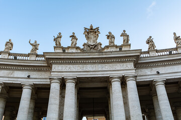 Detail of the columns and statues in the colonnade of the St Peters Square of The Vatican