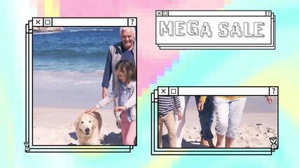 Sticker - Animation of mega sale in white text in stacked window, with happy multi generation family on beach