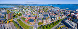 Fototapeta Miasto - Panoramic aerial view of Munjoy Hill historic district on Congress Street and Portland Harbor from downtown Portland, Maine ME, USA. 