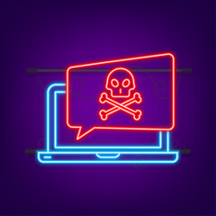 Poster - Cyber attack. Data Phishing with fishing hook, laptop, internet security. Neon icon. Vector stock illustration