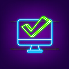 Poster - Laptop with checkmark or tick notificatione. Neon icon. Approved choice. Accept or approve checkmark. Vector illustration