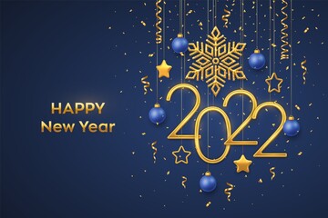 Wall Mural - Happy New 2022 Year. Hanging Golden metallic numbers 2022 with shining snowflake, 3D metallic stars, balls and confetti on blue background. New Year greeting card or banner template. Vector.