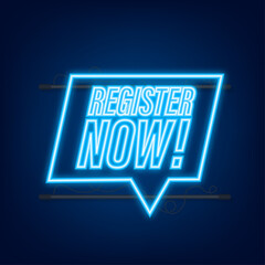 Poster - blue banner register now. neon icon. vector stock illustration