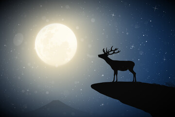 Sticker - Lonely deer on cliff edge. Animal in snowy weather. Full moon at night