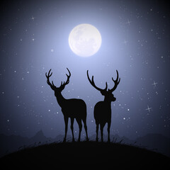 Sticker - Deer family on hill. Animal silhouettes. Full moon at starry night