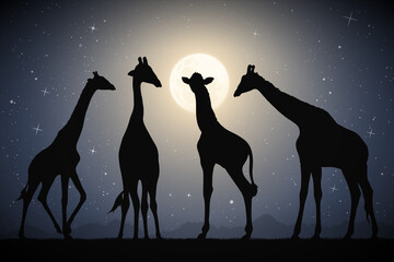 Sticker - Giraffe family in savannah. Animal silhouette. Full moon in night sky