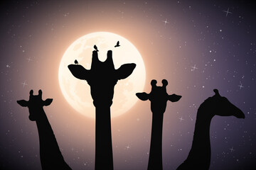 Sticker - Giraffe family. Funny animal head silhouette. Full moon in night sky
