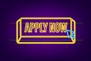 Poster - Apply now. Web neon banner. Arrow, cursor icon. Arrow vector icon. Hand click. Vector stock illustration