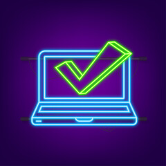 Poster - Computer with checkmark. Neon icon. Approved choice. Accept or approve checkmark. Vector illustration