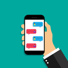 Poster - Text chat in mobile phone. Bubble message in cellphone. Hand holding smartphone with chat between two person. Sms notification on screen. App for online speech and talk. Vector