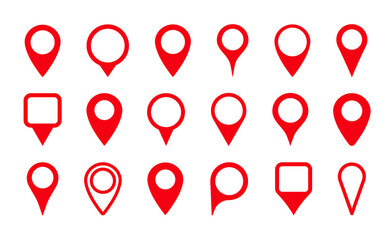 Poster - Pin icon for map location. Pointer, marker for gps, geo position and place. Tag or symbol of destination in travel and road. Set of red map point on white background. Sign of navigation. Vector