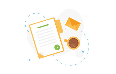 Signed document or to-do list, letter in envelope and cup of coffee. Business object icon concept. Flat design isolated on white background