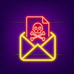 Sticker - Email virus. Neon icon. Computer screen. virus, piracy, hacking and security, protection. Vector stock illustration