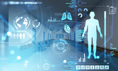Poster - Digital interface with hologram of human body and hud icons